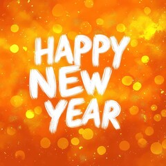 Bright orange background with glowing bokeh lights and bold white brushstroke text saying happy new year conveying celebration and joy