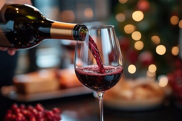 Close-up of red wine being poured from a bottle into a wine glass with a cozy, softly lit background and festive bokeh lights