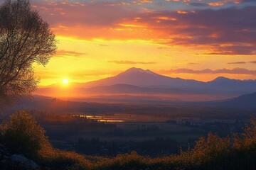 Sun setting behind distant snow-capped mountain over a valley with trees and patches of light under a vibrant orange and purple sky