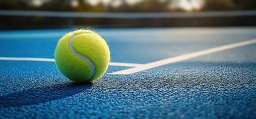 Close-up of a yellow tennis ball resting on the textured blue tennis court near the white boundary line under warm sunlight