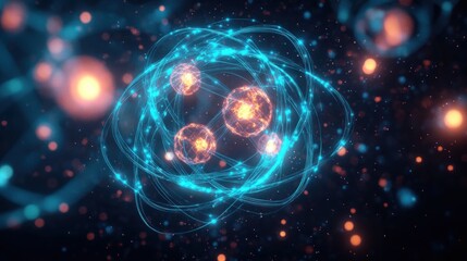 Glowing atomic structure with orbiting particles and energetic nuclei surrounded by vibrant blue swirling lines and bright orange-pink sparks in a dark space background