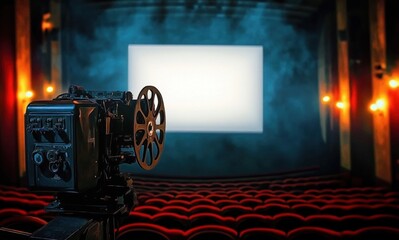 Vintage film projector in a dark movie theater with empty red seats facing a bright blank screen surrounded by ambient warm wall lights and foggy atmosphere