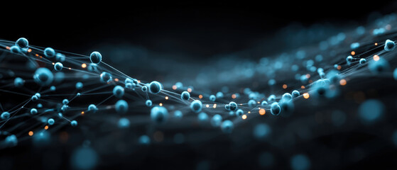 Blue glowing spheres connected by digital lines in a futuristic network grid