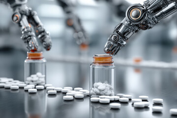 Robotic arms filling white pills into gray bottles on pharmaceutical production line
