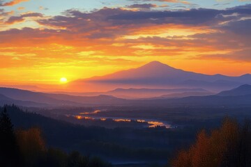 Vivid sunrise over a winding river with layers of mountain ranges and colorful sky clouds creating a peaceful and majestic natural landscape