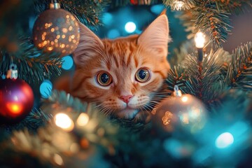Curious orange tabby cat peeking through decorated and glowing Christmas tree branches with colorful baubles and lights