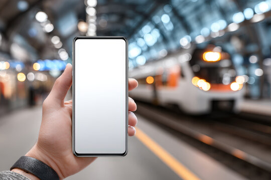 Man holding smartphone with blank screen on subway platform in city