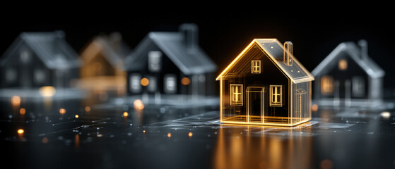 Futuristic digital interface showing holographic houses with one golden house highlighted
