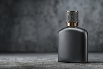 Matte black glass perfume bottle with blank label on studio surface for luxury design