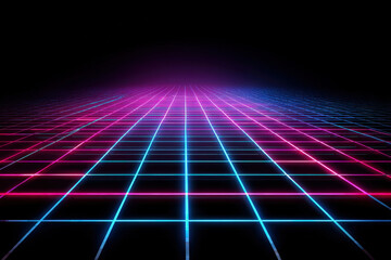 Futuristic neon grid with glowing magenta and cyan lines on dark retro background