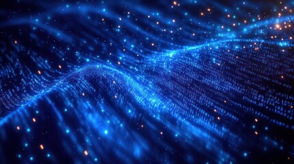Abstract digital landscape with flowing blue binary code waves and glowing orange particles creating a futuristic technology feel