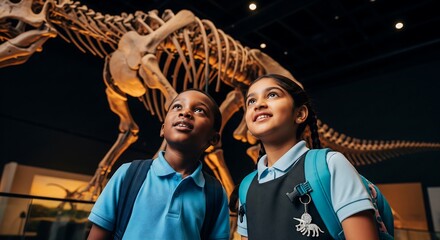 Paleontology Explorers: Two young students, a boy and a girl, gaze in awe at a towering dinosaur skeleton in a natural history museum, their faces filled with wonder and curiosity.