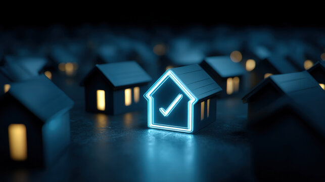 Glowing approved stamp highlights one house among many in blue-lit mortgage concept