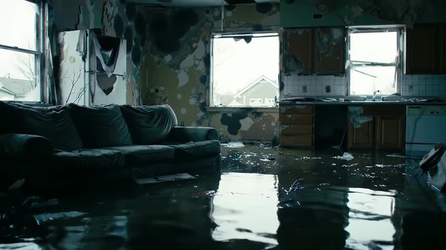 Devastating flooding in a damaged home interior showcasing destruction and loss