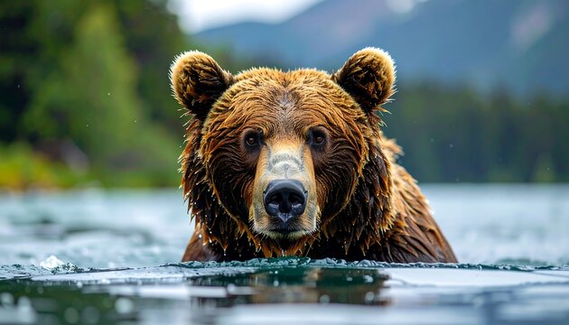 A close-up view captures a large, brown bear swimming in a lake, with mountains and forest in the blurred background