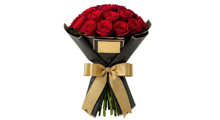 Bouquet of fresh red roses wrapped in black paper with golden bow isolated PNG with Transparent Background