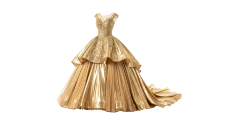 Elegant Golden Gown with Tiered Skirt isolated PNG with Transparent Background