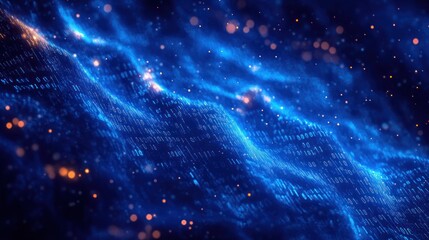 Abstract digital wave composed of glowing blue binary code streams with floating orange light particles in a deep space-like background