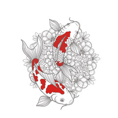 Elegant Koi Fish Amidst Floral Blooms in Artistic Hand Drawn Line Art Design