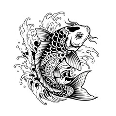 Elegant koi fish illustration with flowing water depicting japanese art symbolism