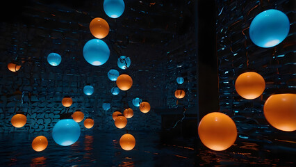 Futuristic abstract background with glowing blue and orange spheres suspended in a dark, wet chamber with stone walls