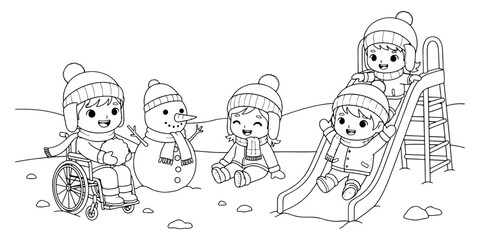 Chibi Style Snowman and Winter Fun Coloring Page
