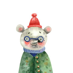 Cute Watercolor Mouse in Green Coat and Red Hat. Christmas Animal Character Illustration