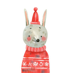 Cute Watercolor Bunny in Red Sweater. Christmas Holiday Character Illustration