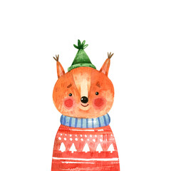 Cute Watercolor Squirrel in Christmas Sweater. Winter Animal Character Illustration