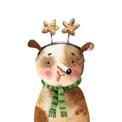 Cute Watercolor Dog with Antlers Headband. Christmas Animal Character Illustration