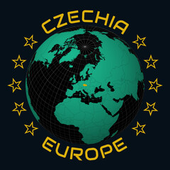 Czechia on Globe. Round country and continent name text. Country view on world map in Black Emerald color palette. Czechia shape on map. Classic vector illustration.