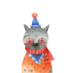 Cute Watercolor Raccoon in Winter Hat and Scarf. Christmas Animal Character Illustration