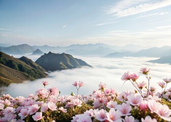 Soft pink flowers blooming on a serene alien landscape with misty mountains in the background