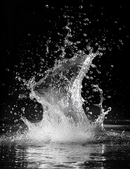 High-speed photograph capturing a dynamic splash of water droplets in mid-air against a black background, emphasizing fluid motion and energy