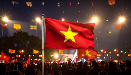 Vibrant Vietnamese Flag Waves Amidst Festive Night Crowd and Dazzling Lights