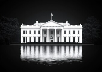 Obraz premium A large white neoclassical mansion with columns reflected in still water surrounded by tall dark trees under a dark sky