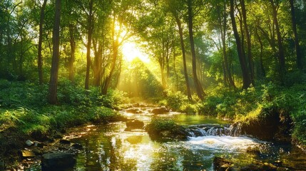 Sunlight streaming through dense green forest trees illuminating a flowing creek with small rocks and lush vegetation