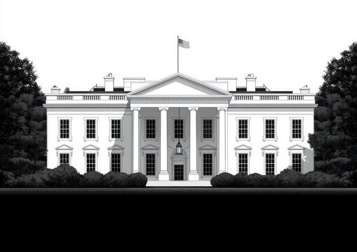 Large classical white government building with columns and American flag on top surrounded by trees and bushes under a clear sky