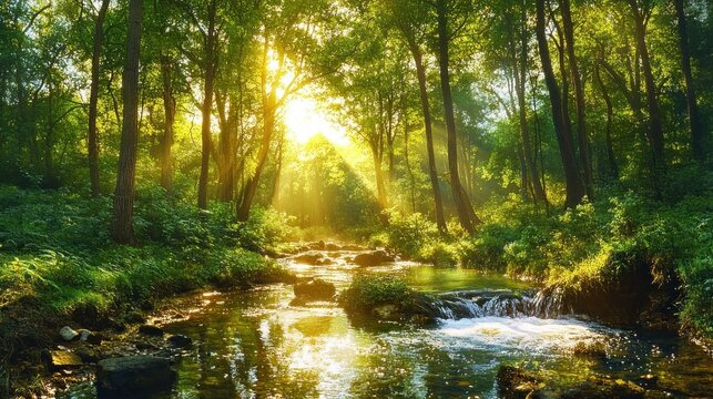 Sunlight streaming through dense green forest trees illuminating a flowing creek with small rocks and lush vegetation - Powered by Adobe