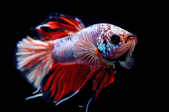 close-up of a vibrant betta fish with iridescent blue and red scales and flowing fins against a black background