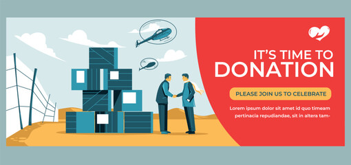 Charity event banner design featuring donation theme, handshake partnership, humanitarian aid supplies, and modern flat illustration style