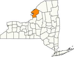 Detailed vector map of New York, USA, highlighting Jefferson County on Lake Ontario and near Fort Drum.

