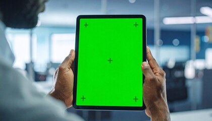 Close-up view of a person holding a computer tablet with a green screen, cinematic shot with bokeh background, highlighting modern technology, digital interface, and interactive device usage