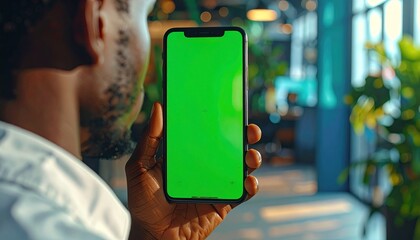 Close up view of a person holding a smartphone with a green screen, handheld cinematic shot with bokeh background, showcasing modern technology, digital interaction, and futuristic mobile device usage