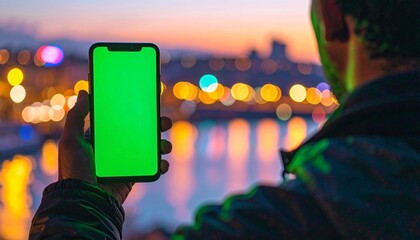 Close up view of a person holding a smartphone with a green screen, handheld cinematic shot with bokeh background, showcasing modern technology, digital interaction, and futuristic mobile device usage