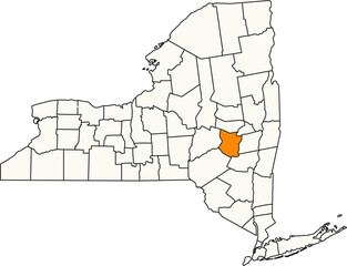 Detailed vector map of New York, USA, highlighting Schoharie County in the Central Upstate region.

