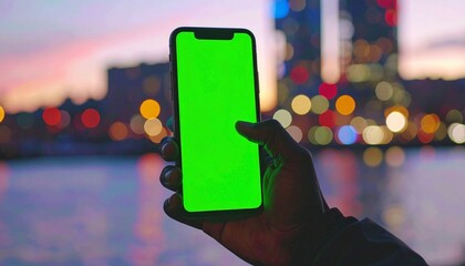 Close up view of a person holding a smartphone with a green screen, handheld cinematic shot with bokeh background, showcasing modern technology, digital interaction, and futuristic mobile device usage