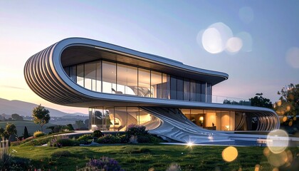 Ultra-modern home featuring linear and swooping curves, sleek futuristic design, and panoramic windows; cinematic perspective with bokeh background, highlighting luxury, elegance, and architectural