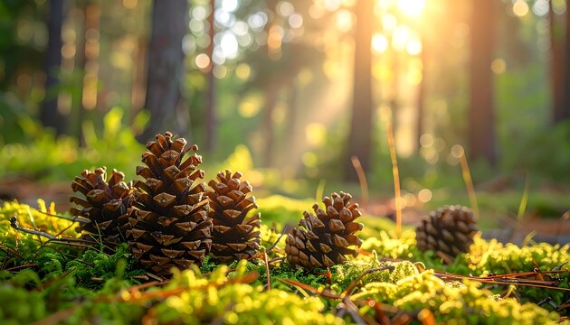 Pine cones in mossy forest floor at sunrise - Powered by Adobe