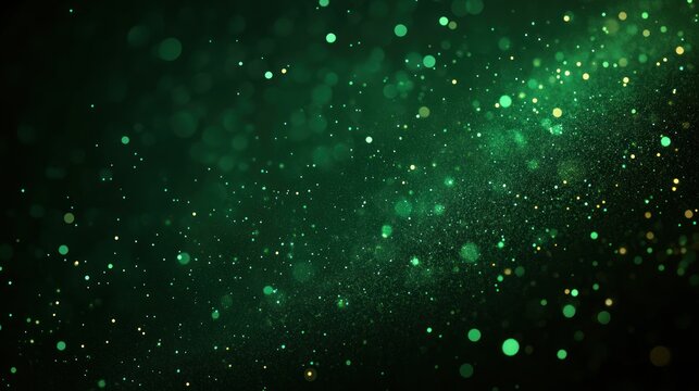 Abstract green particles and glowing dots scattered against a dark background creating a sense of depth and cosmic energy